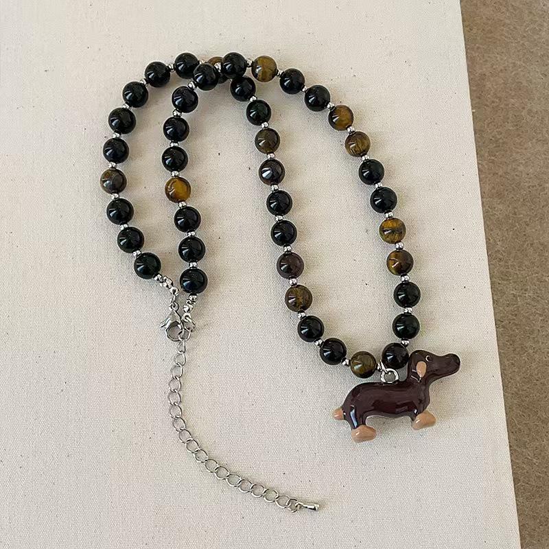 Dachshund Cartoon Pendant Necklace with Tiger Eye Beads - Cute, Elegant, and Versatile Choker for Women
