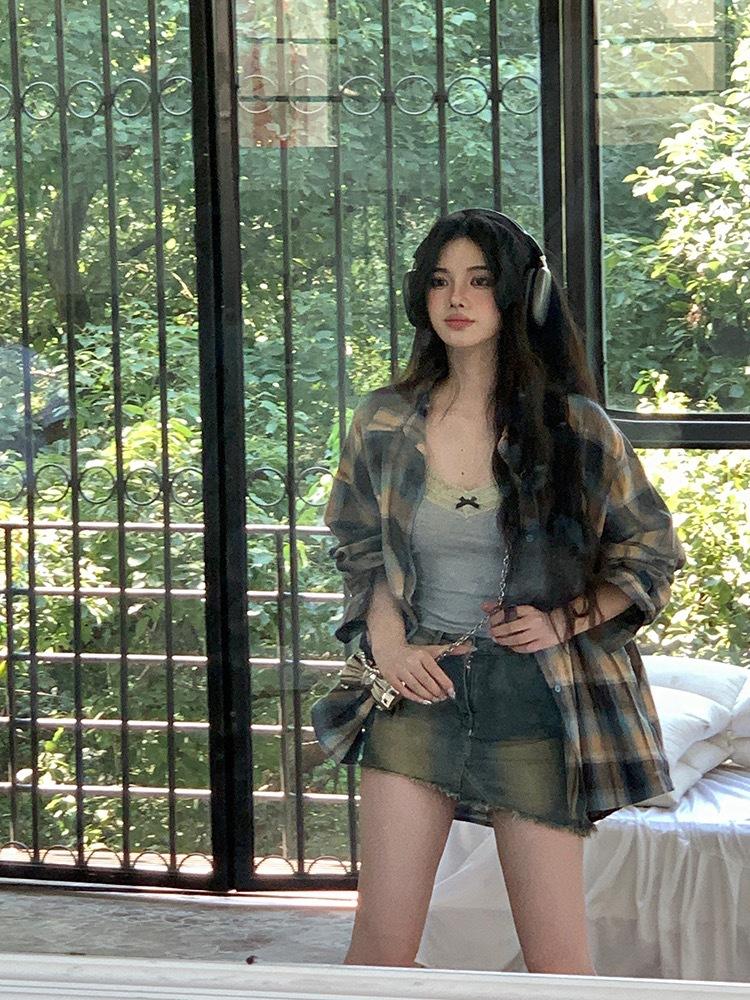 American Spice Girl Vintage Plaid Long Sleeve Red Shirt Women's Spring and Autumn Pure Desire Lazy Plaid Top Jacket Tide