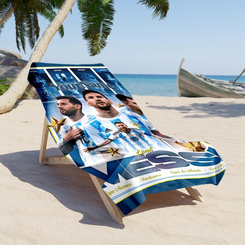 Messi Customized Name Beach Towel Super Soft Microfiber Quickdry Fabric Perfect for Traveling Yoga Camping and Swimming