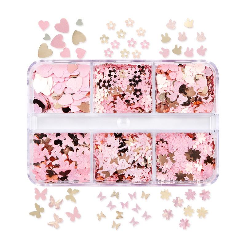 6 mřížek smíšené Valentýnské nail art flitry lesklé červené srdce s třpytivými vločkami na nehty potřeby pro profesionály příslušenství