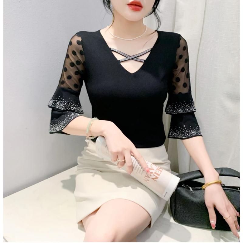 Summer European Clothes New Sexy V-neck Mesh T-shirt Hot Diamonds Women's Tops Fashion Flare Sleeve Tees