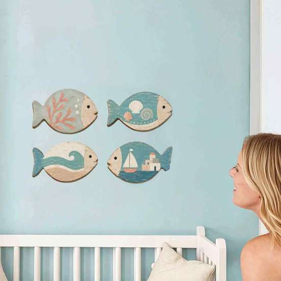 Sea Life Wall Decor for Bathroom 4Pcs Wooden Hanging Fish Art, Coastal Plaque with Nautical Gift Beach Lovers Theme Living Room Bedroom, Rustic House