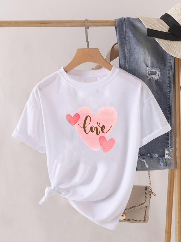Love Heart Print Clothes Graphic Tshirt Fashion Print Summer Unisex Trend Sweet Short Sleeve Lady Female Shirt Tee
