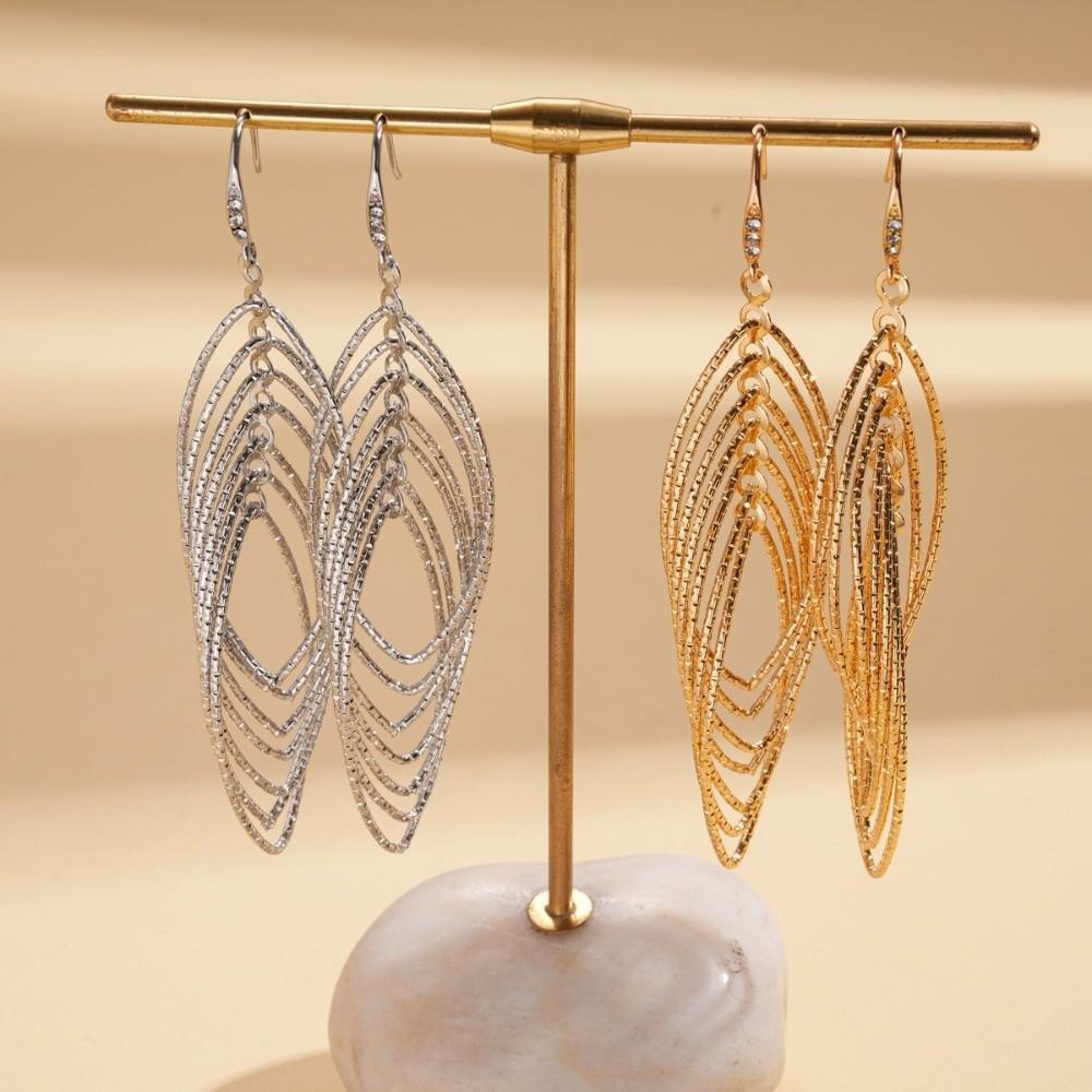 Gold Silver Metal Hollow Earrings Oval Hollow Ear Clip Long Tassel Dangle Earrings  Party