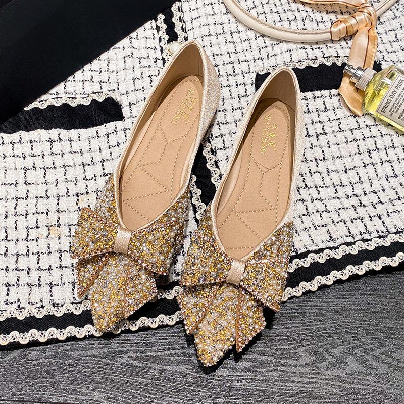 Fashion Women Flat 2025 Elegant Fashion Women Flat Fashion Ballet Shoes Bling Crystal Bow Tie Pointed Toe Flats Shoes Lady Shiny Flat