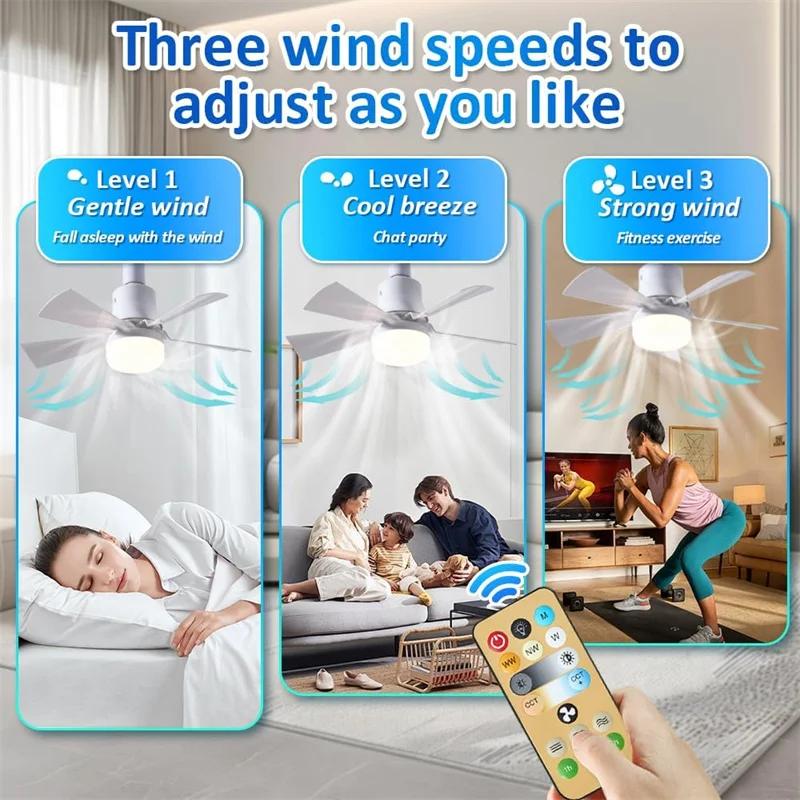 LED Ceiling Fan Light E27 Base Lamp Silent with Remote Dimmable Speed Change 3 Colors for Living Room, Study, Household Use