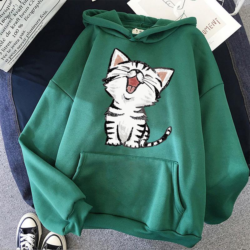 Funny Happy Cat Print Casual Pocket Hoodies Autunm Winter Women's Hooded Clothes Kawaii Graphic Sweatshirts 90s Y2k Streetwear
