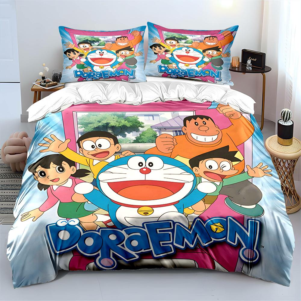 D-Doraemon mit Freunden Bedrucktes Bettwäscheset für Kinder Jungen Mädchen Neue 3D-Bedruckte Bettdecke Bettbezug Kissenbezug Schlafzimmer Dekor