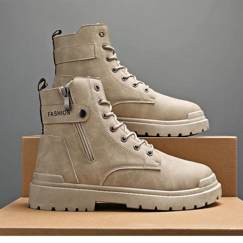 Botas de hombre, botas de trabajo de otoño, botas de plataforma, botas de moda para hombre, zapatillas de deporte, zapatos de senderismo de suela gruesa, zapatos de motor, botas con cremallera lateral