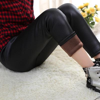 Autumn Winter Girls Leather Pants Thick Velvet PU Leather Children's Leggings Kids Pencil Pants Infant Warm Trousers