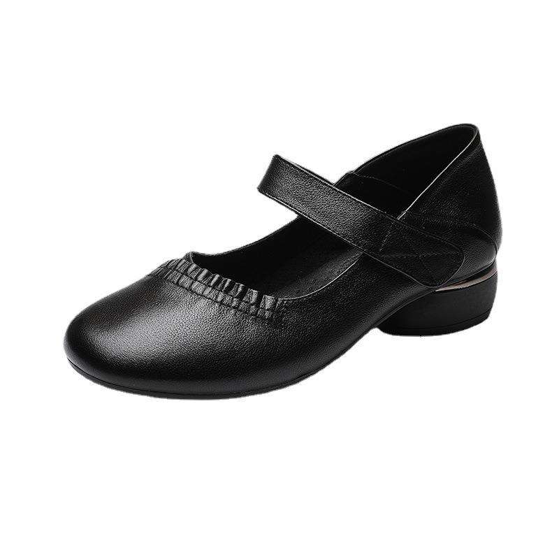 Cowhide Women's Shoes Simple Middle-aged Mother Single Shoes Four Seasons Women's Leather Shoes Thick Heel Work Shoes Casual Mother Shoes
