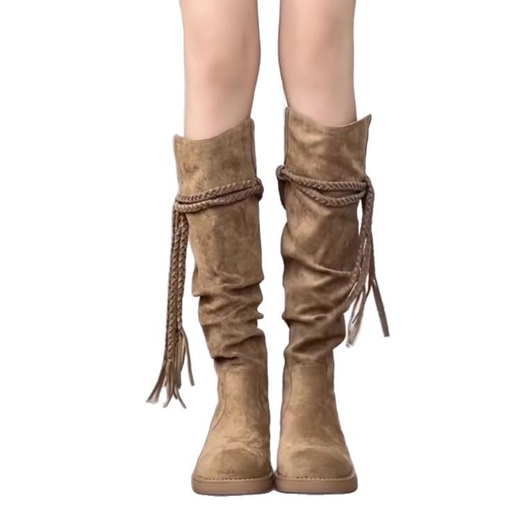 Retro Wasteland Wind Fringed Knight Boots Thick Heel But Knee Long Boots Skinny Shoes Pile Medium Boots Women