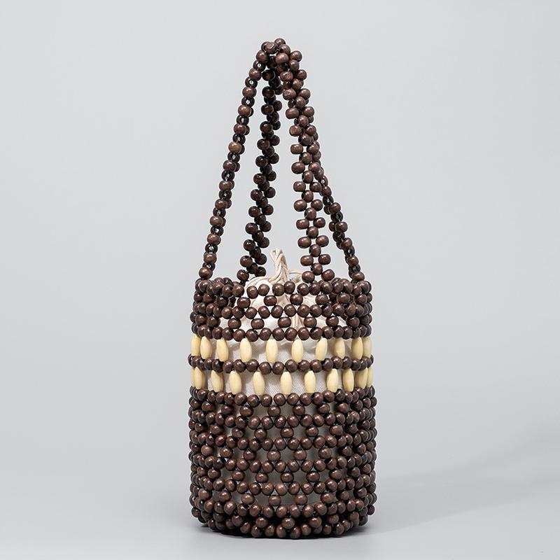 Borsa Secchiello Fatta a Mano con Perline e Striscia a Contrasto Stile Boho Leggera Intreccio di Perline di Legno Borsa a Mano per Pendolarismo Quotidiano Viaggio in Spiaggia