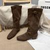 Belt Buckle Boots Women's Autumn and Winter New Retro Square Head Thick Heel Versatile and Thin Knight Boots But Knee Boots
