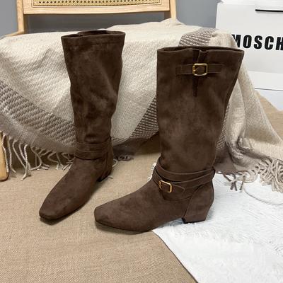 Belt Buckle Boots Women's Autumn and Winter New Retro Square Head Thick Heel Versatile and Thin Knight Boots But Knee Boots