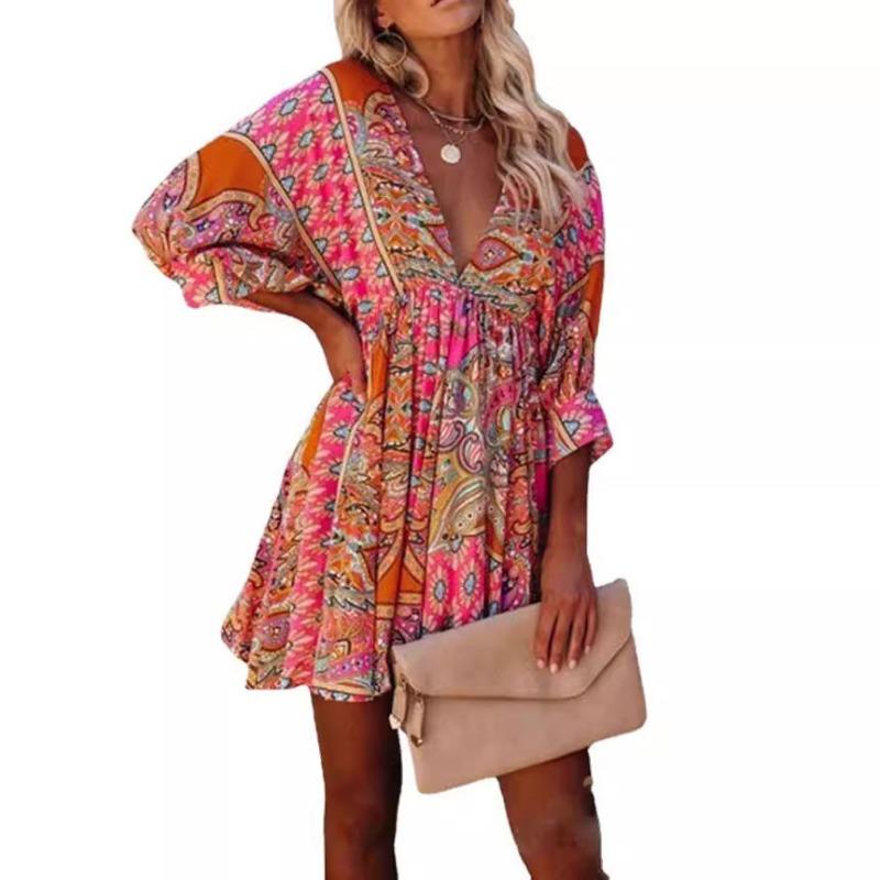 Women's Sexy V-neck Waist Print Boho Dress