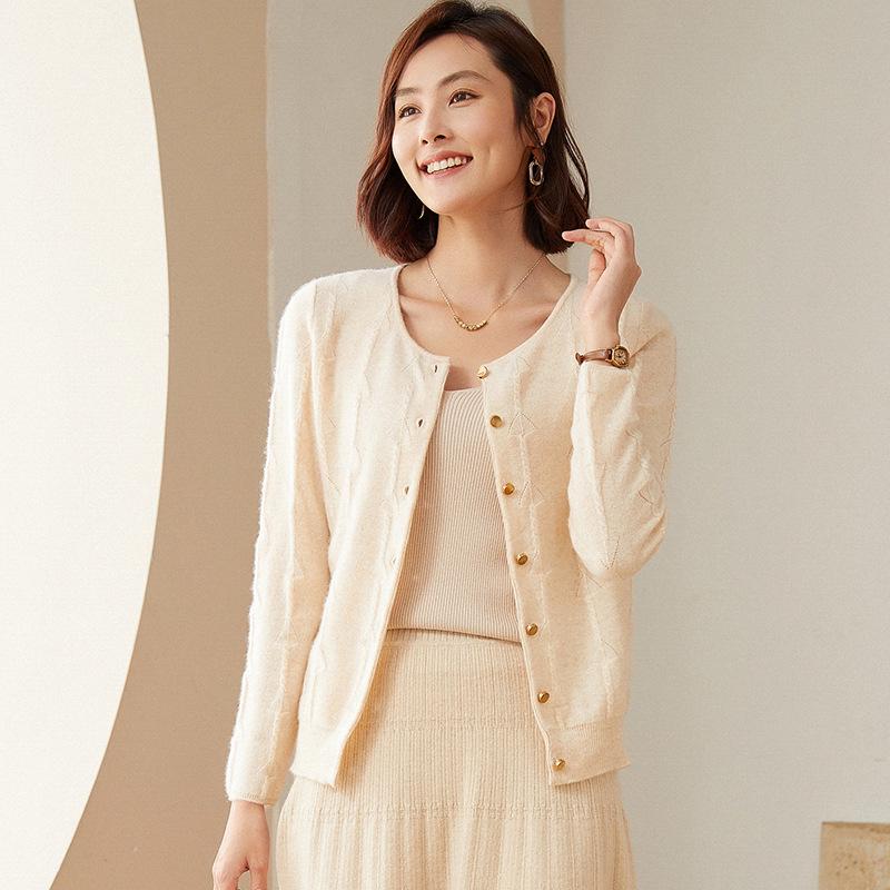 Women's 100% Cashmere Wool Cardigan: Autumn/Winter Round Neck Long Sleeve Sweater