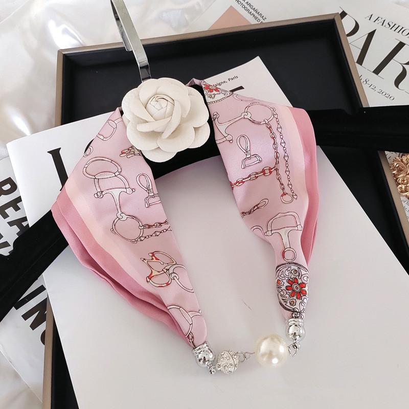 New Luxury Design Magnetic Pearls Button Silk Scarf Women Summer Neck Ornament Silk Scarves Lady Shirt Sunscreen Decoration Gift