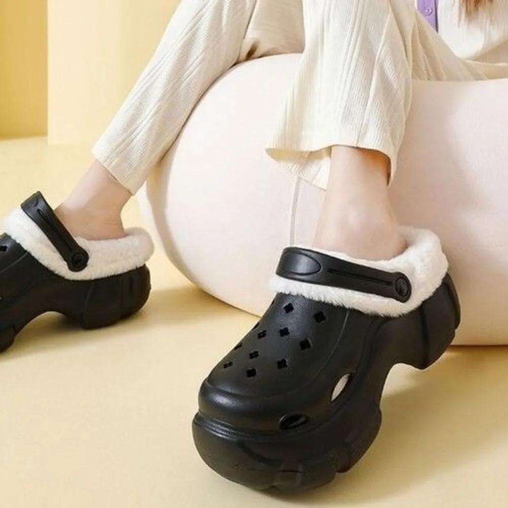 Making Crocs Compatible Fur-Lined Slippers Women s Thermal Fleece Winter Office Black 38-39