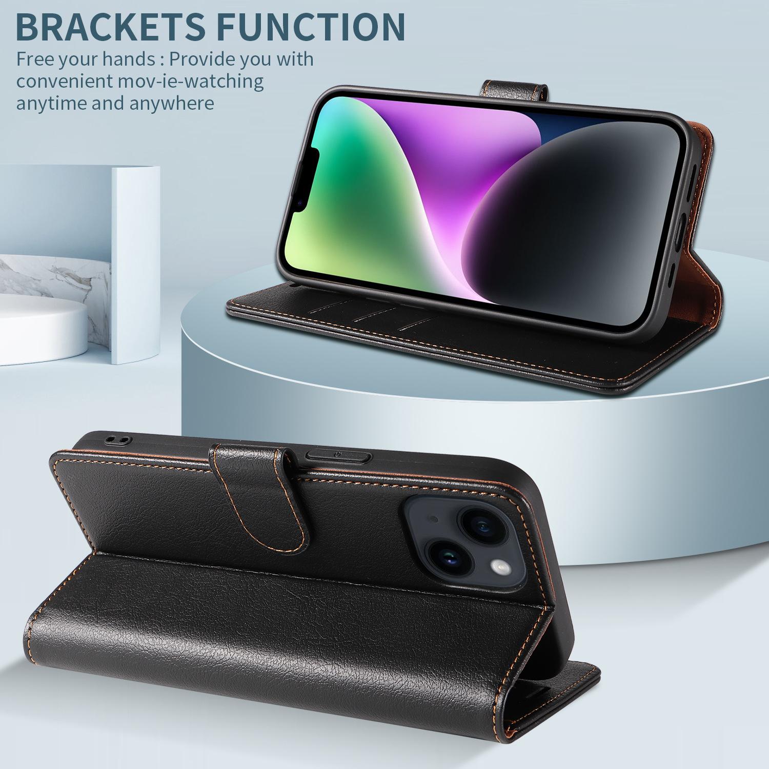 

001 For iPhone 15 RFID Blocking Wallet Magnetic Closure Phone Case PU Leather Stand Cover Black
