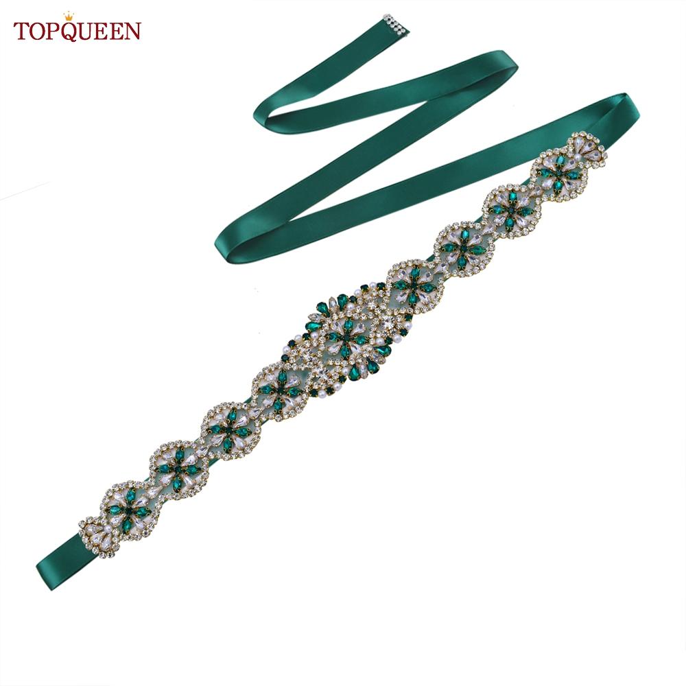 TOPQUEEN S161-KL Neuer Brautgürtel für Hochzeitskleider für Frauen in Gold, handgefertigt, Luxus-Schärpe, Zubehör für das tägliche Partykleid, grüner Strass