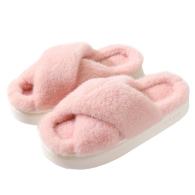 Autumn and Winter New Solid Color Imitation Rabbit Fur Women's Cross-strapped Cotton Slippers Home Indoor and Outdoor Warm Cotton Slippers EVA