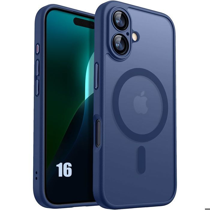 Coque de Protection - BOOLING - pour iPhone 16 - avec Anneau Magnétique et Film Caméra - Bleu Marine