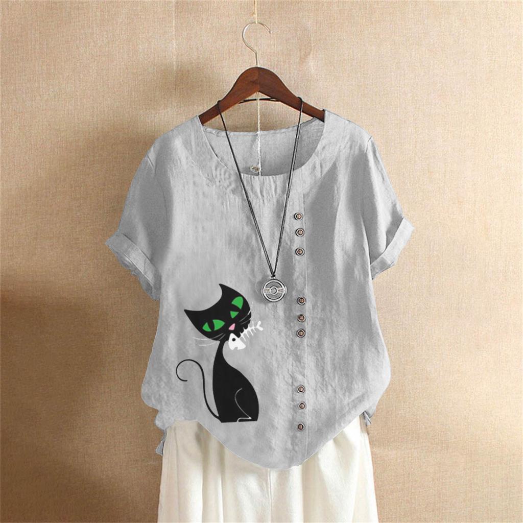 Summer Oversized Cotton and Linen Short-sleeved T-shirt, Cotton and Linen Cat Printed Oversized Women's Clothing