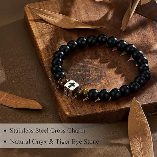 Black Matte Stone & Tiger Eye Square Cross Pendant Bracelet