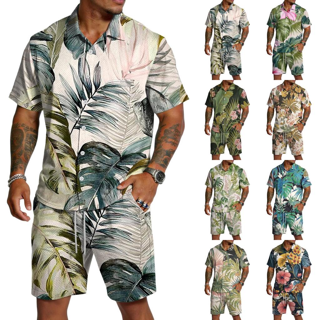 Men's Casual Printed Top and Drawstring Shorts Set Lightweight Breathable Set for Summer