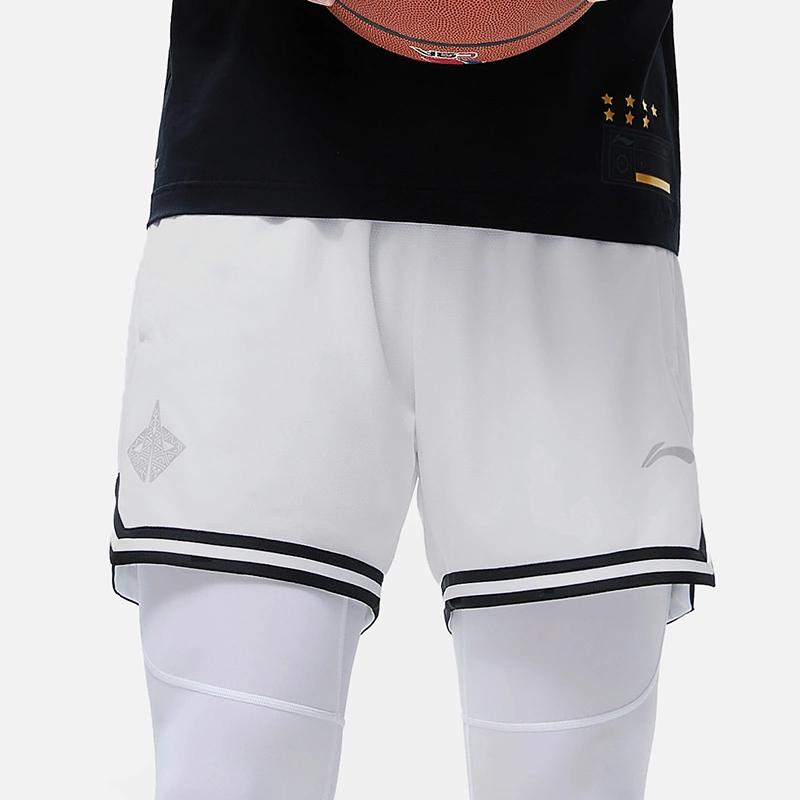 Li Ning Sports Basketball Series American Vintage Logo Print Elastic Waist Basketball Shorts Men Shorts Standard-White AAPT043-3