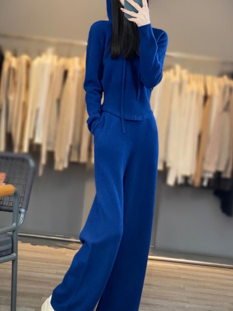 

Осенний серый шерстяной облегающий костюм: брюки и вязаный свитшот с капюшоном - стиль корейской светской львицы XL темно-синий