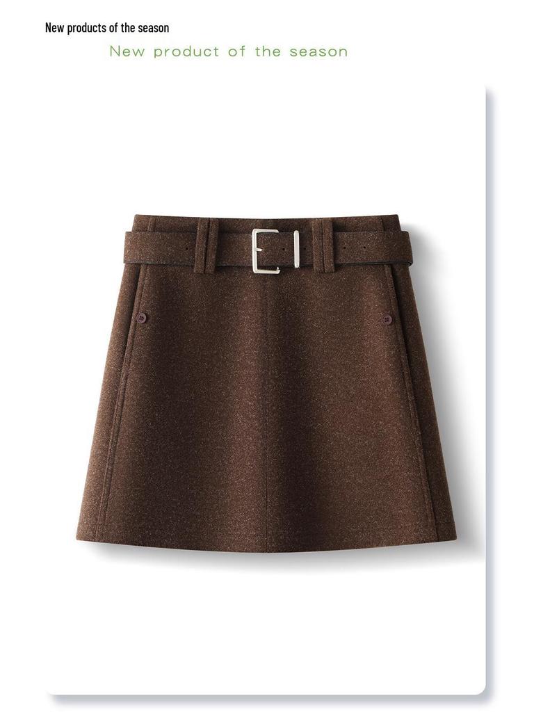 2025 Coffee Wool A-line High-waisted Slim-fitting Skirt for Petite Women’s Winter Collection