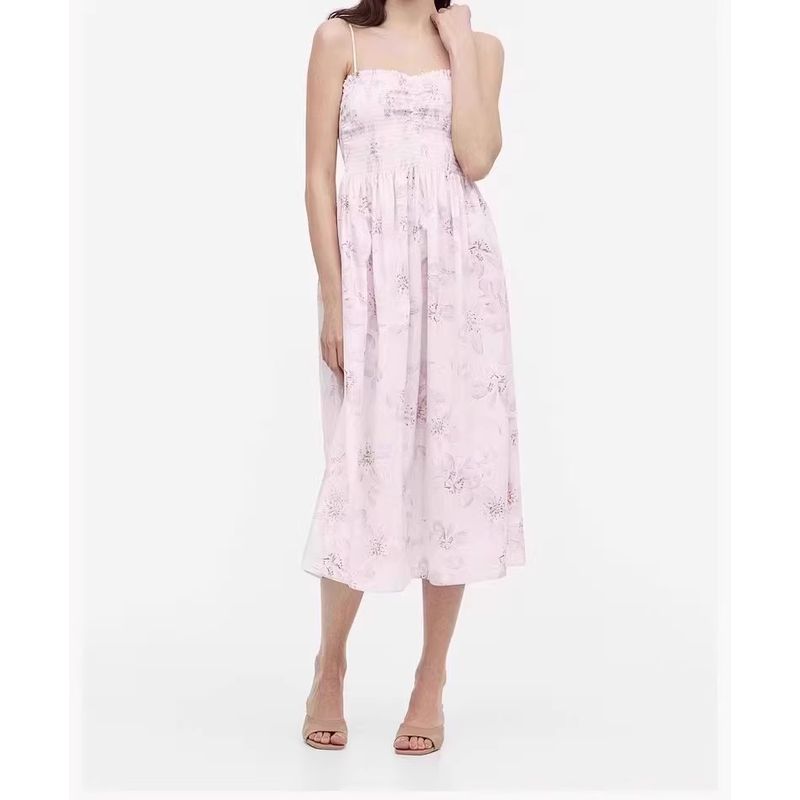 

Foreign Trade Order H Home Sling Wrap-around Pleat Lady Elegant Print Cotton Comfortable Fashion Personality Dress Pink XS