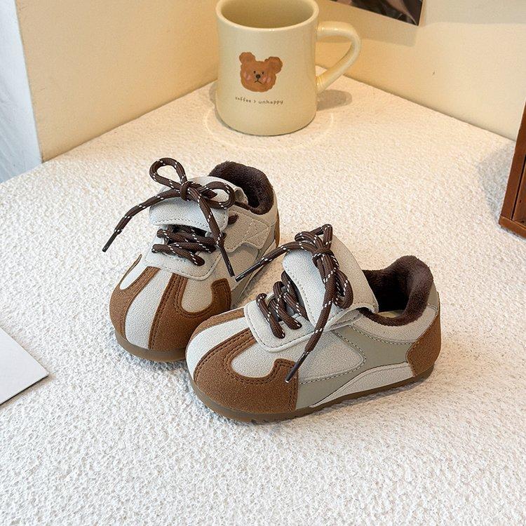 Children's retro leopard print training shoes 2025 winter new girls velvet casual shoes boys two cotton sports shoes