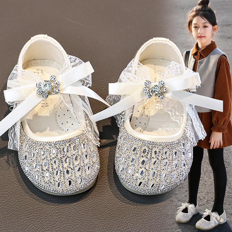 Girls Silver Crystal Princess Leather Shoes Kids Spring Fashion Flat Shoes Children Dress Shoes for Performance