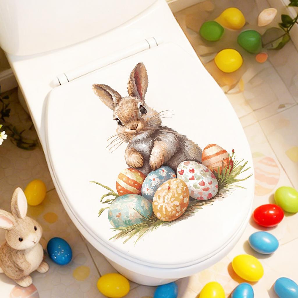 Cartoon Easter Bunny Easter Egg Bathroom Toilet Flower Self-adhesive Wall Sticker