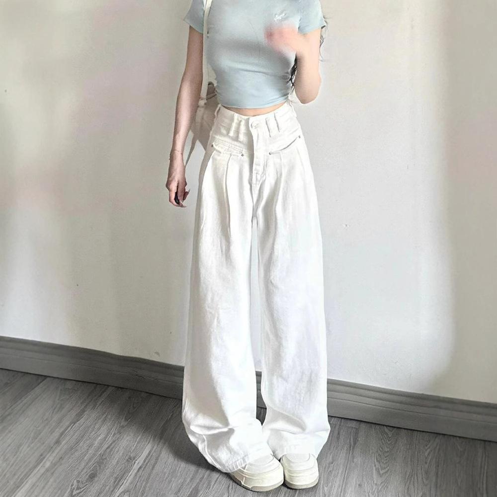 Comfortable Wide-legged Folded White High-waisted Jeans Women Loose Casual Versatile Skinny Straight Trousers Jeans for Women Long Denim Pants
