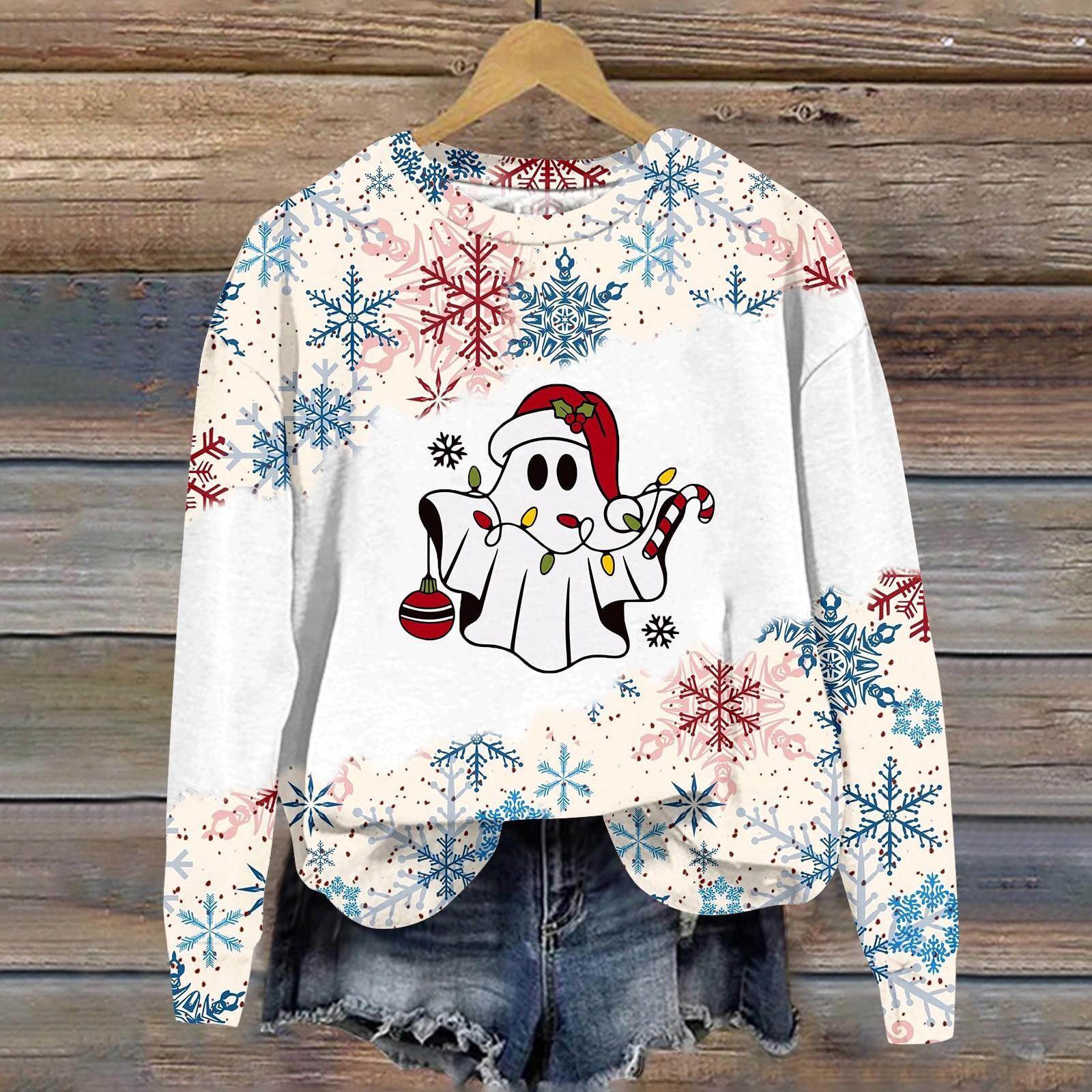 Женская мода рождественский принт длинный рукав свободный круглый вырез толстовка — фото 12