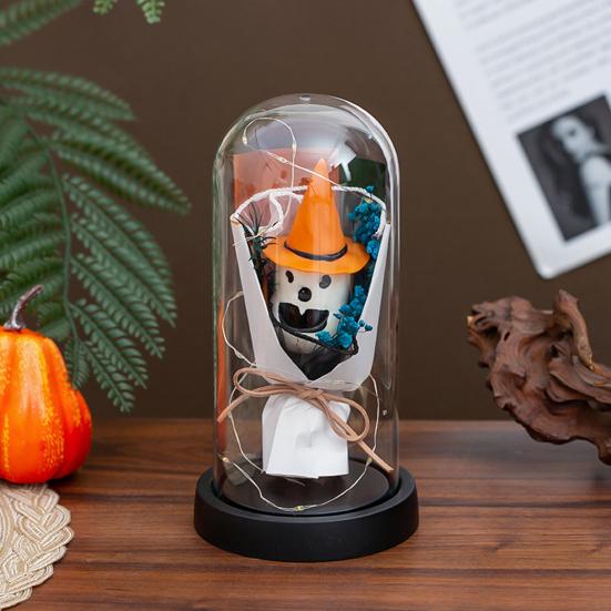 LED Clear Dome Pumpkin Night Light Halloween Light-up Pumpkin In Cloche with Artificial Flower for Home Kitchen Mantel Party Decor