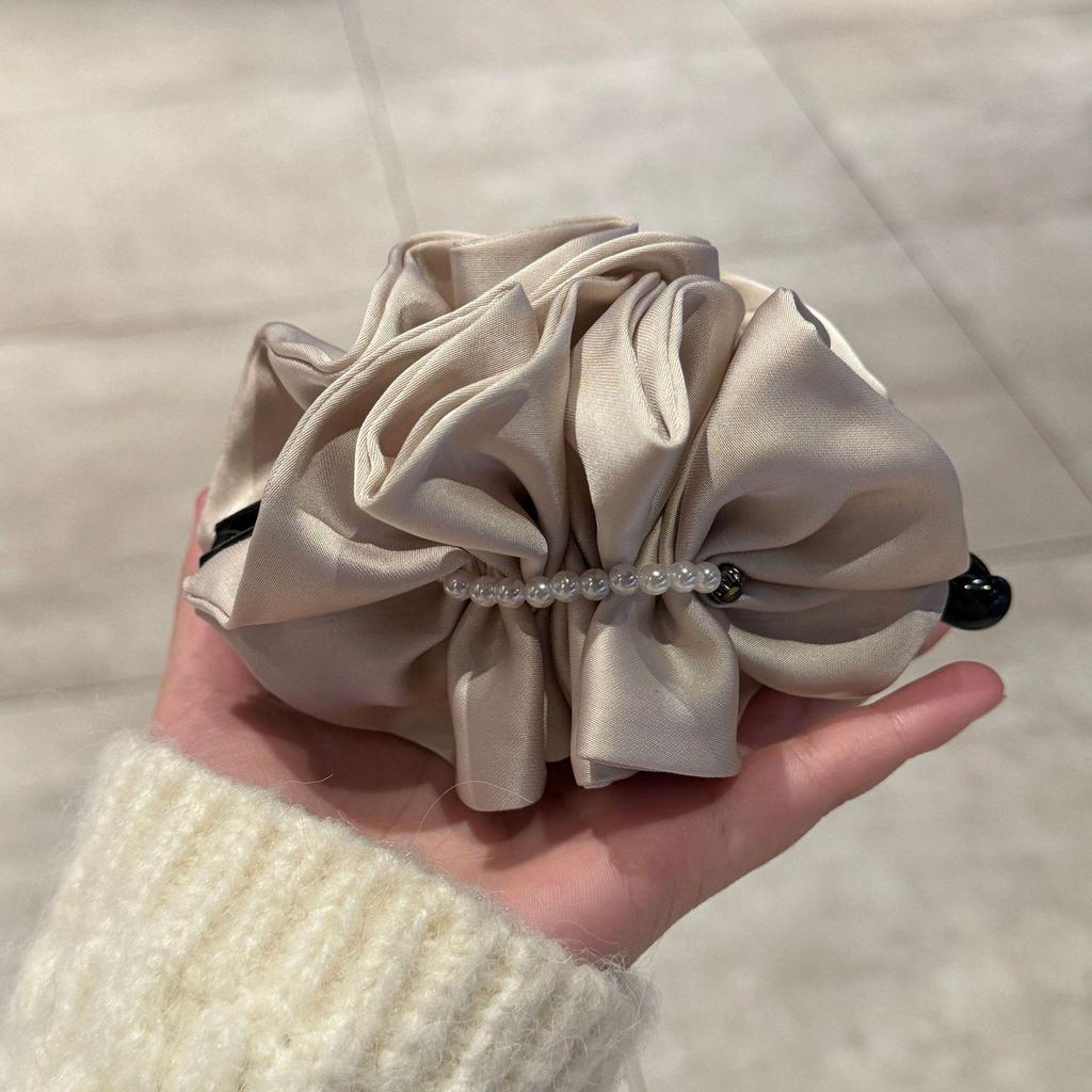 Korean Satin Pearl Pleated Banana Clip - Versatile Large Hair Claw for Elegant Hairstyles.
