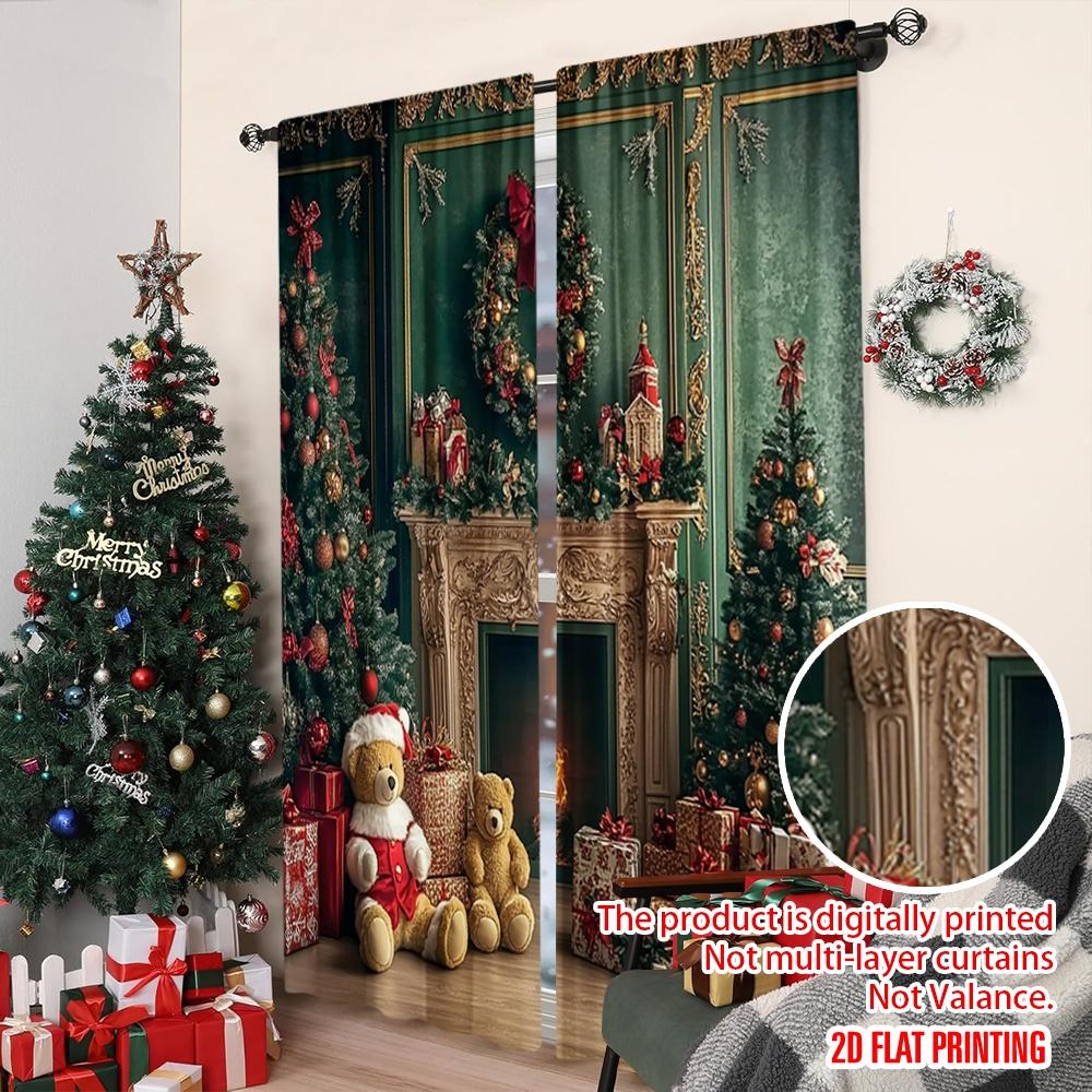 2pcs 2D flat printing High-Quality Christmas Curtains Luxurious retro fireplace and warm walls Digital Printed Polyester Drapes