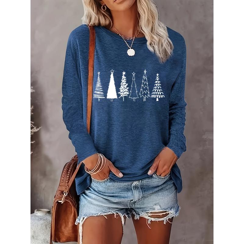 Christmas Casual Print Round Neck Loose Long Sleeve Top, Comfortable and Stylish
