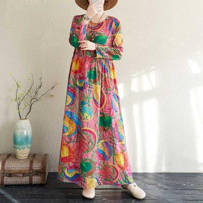 Large Size Summer Vintage Floral Loose Dress Flowing A-line Dress Women
