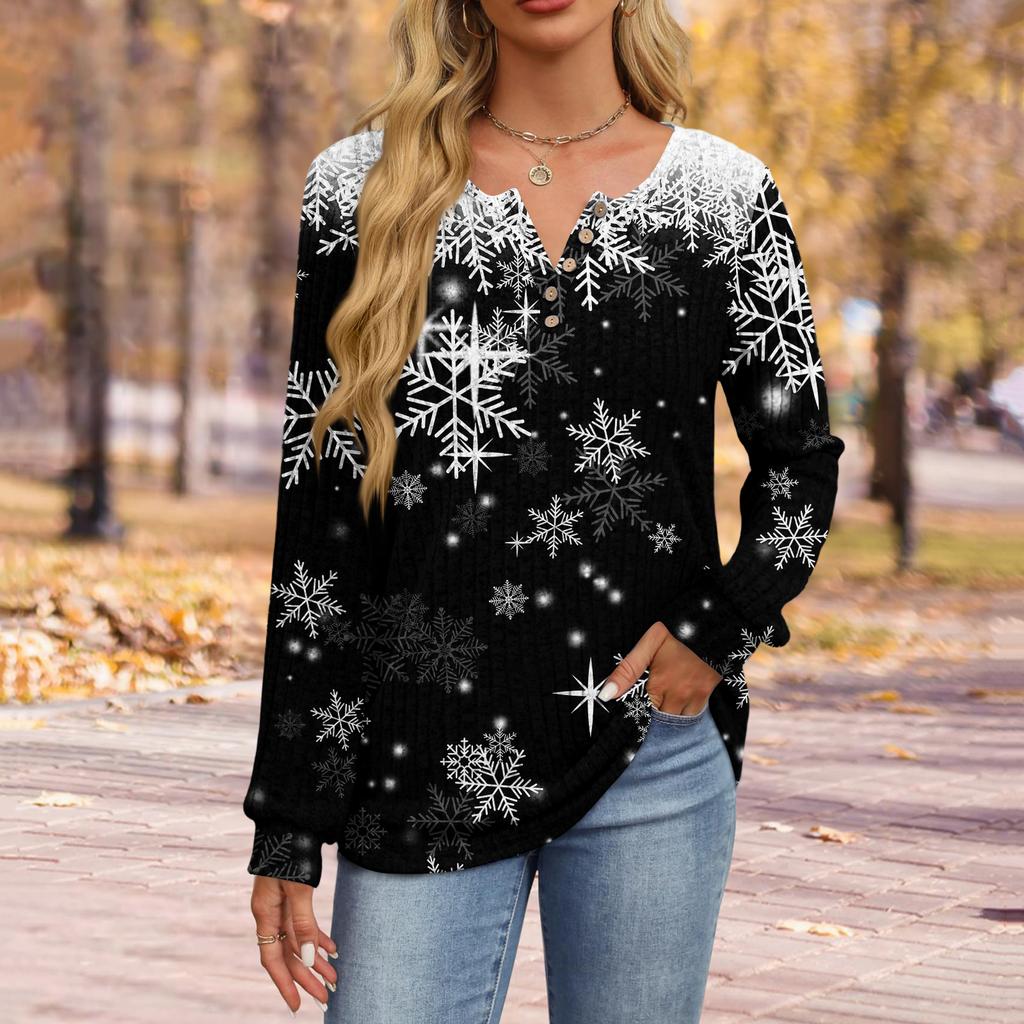 Women's Fashion V-Neck Button-Up T-Shirt With Christmas Print Long-Sleeved Top