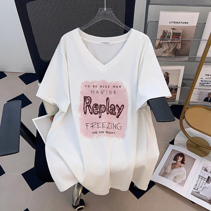 Women's Plus Size V-Neck Loose Fit Mid-Length Short-Sleeve T-Shirt (200/300/350 Jin)