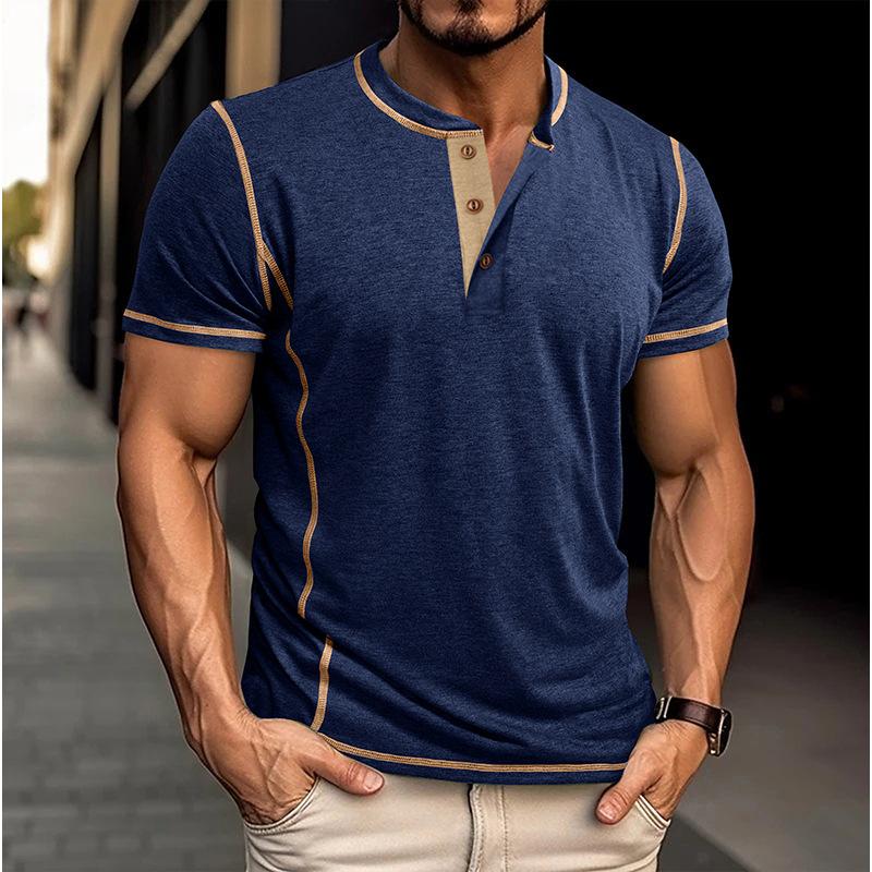 Herren Henley T-Shirts in Kontrastfarbe, Kurzarm-Freizeit-Tops mit Knopfleiste, Streetwear-Essential für den Sommer