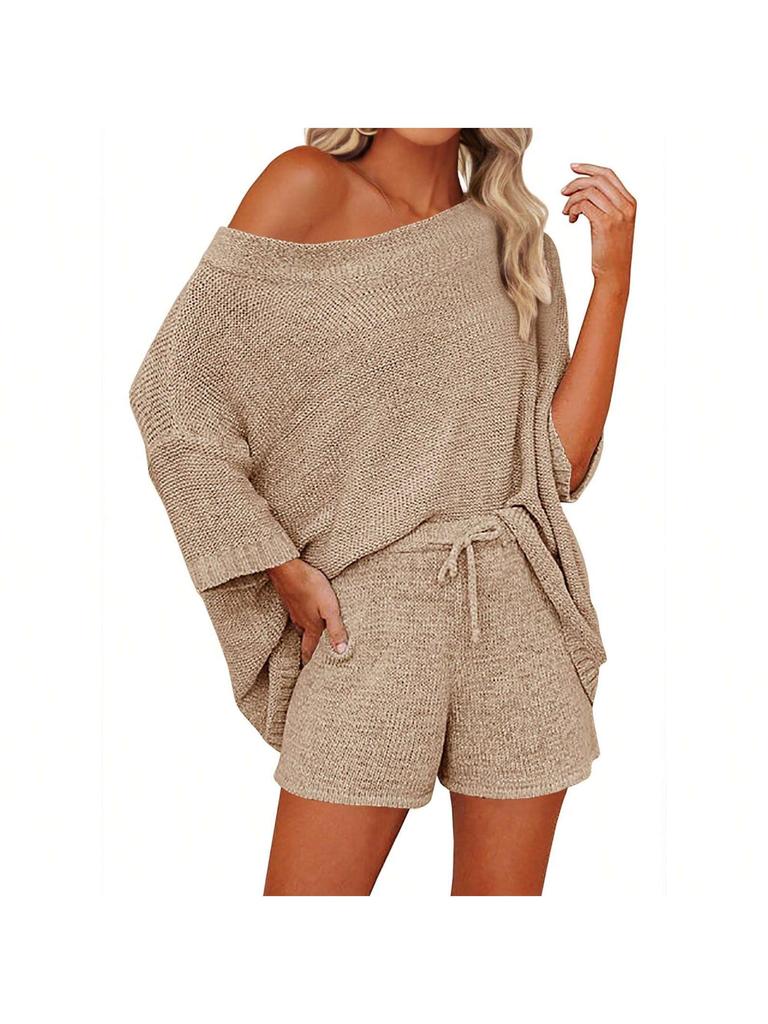 Women's Two Piece Knit Lounge Set Off Shoulder Top and Shorts Matching Cute Pajama Outfit