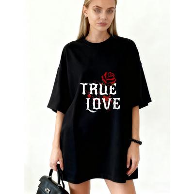 Übergroßes T-Shirt Schwarz True Love Rosenaufdruck Lässige Streetwear Mode Für Damen