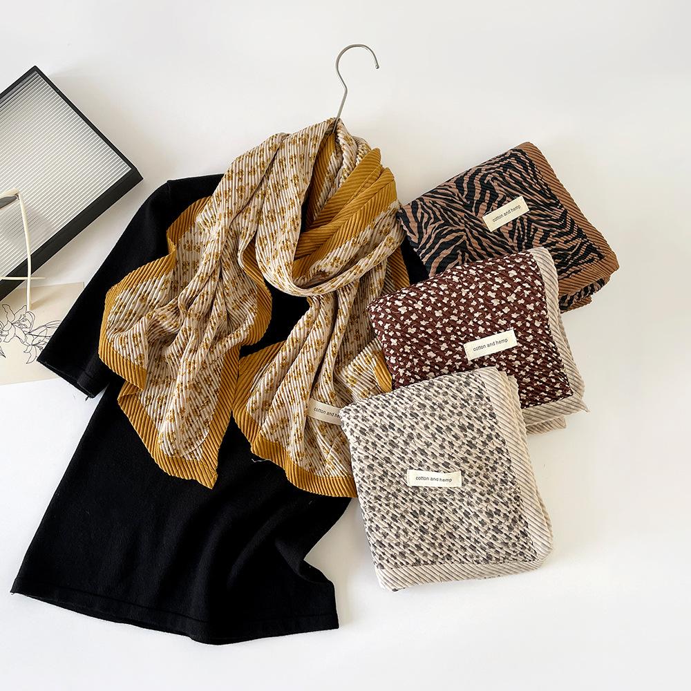 Retro fashion versatile scarf double-layer crumpled scarf girls printed imitation cotton and linen shawl outer cover